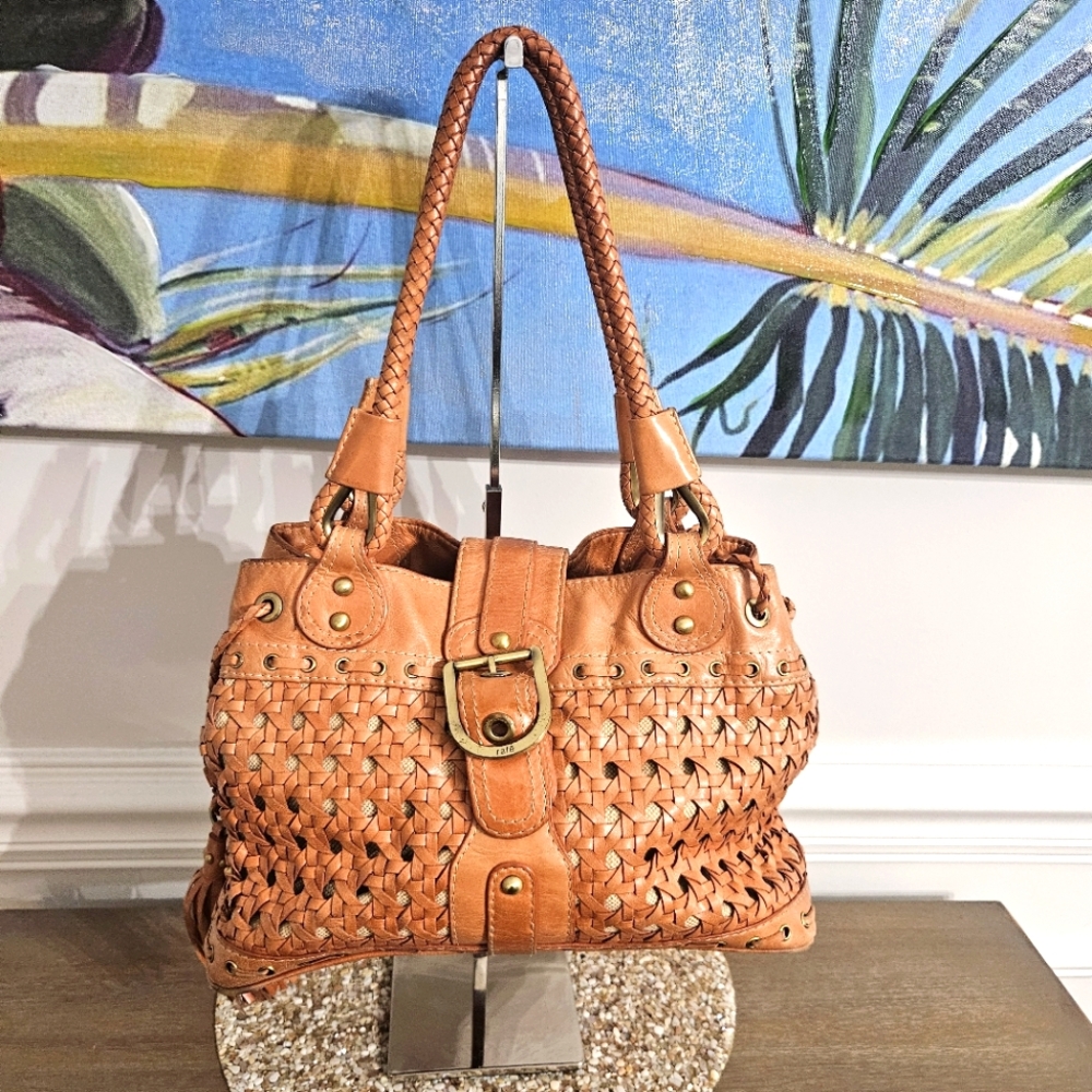 Rafe Leather Woven Caramel Bag With Tassels Vintage